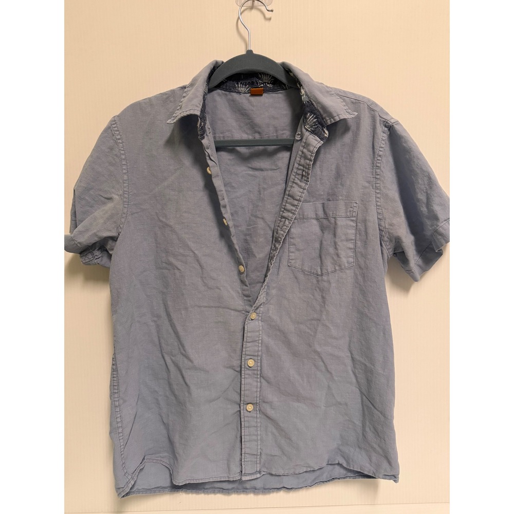 Tailor Vintage Mens Blue Linen Cotton Short Sleeve Button Down Shirt Size M